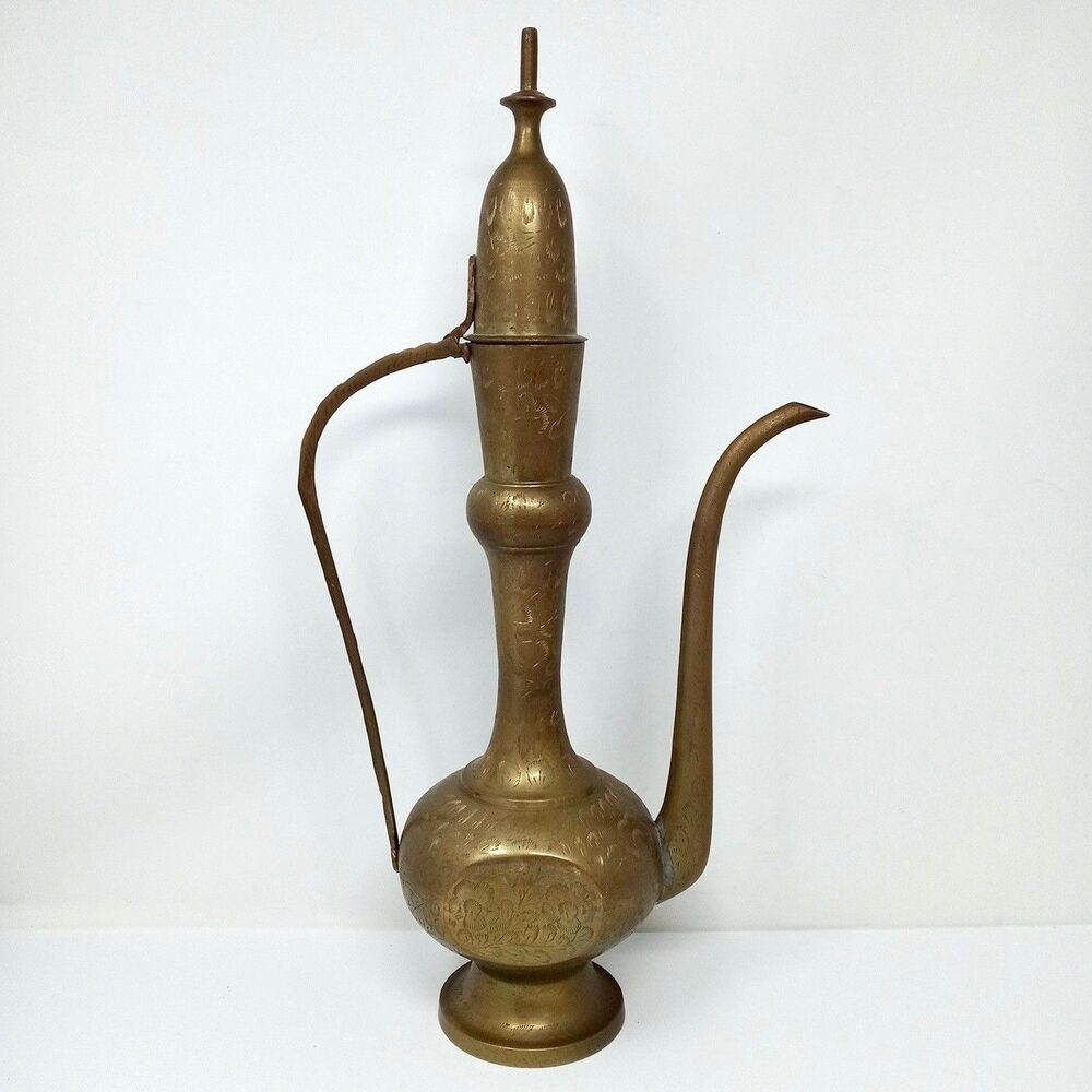 Vintage Engraved Brass Ewer Pitcher 18” Tall Islamic Moorish Boho Decor Teapot